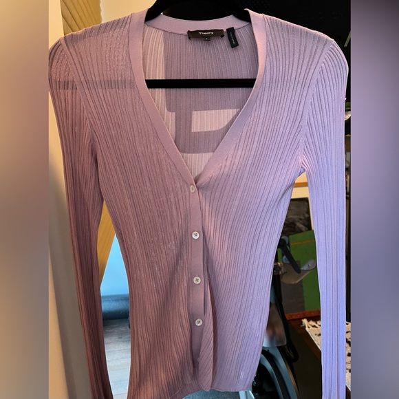 Theory Pointelle Cardigan in Dark Lilac - Picture 5 of 7